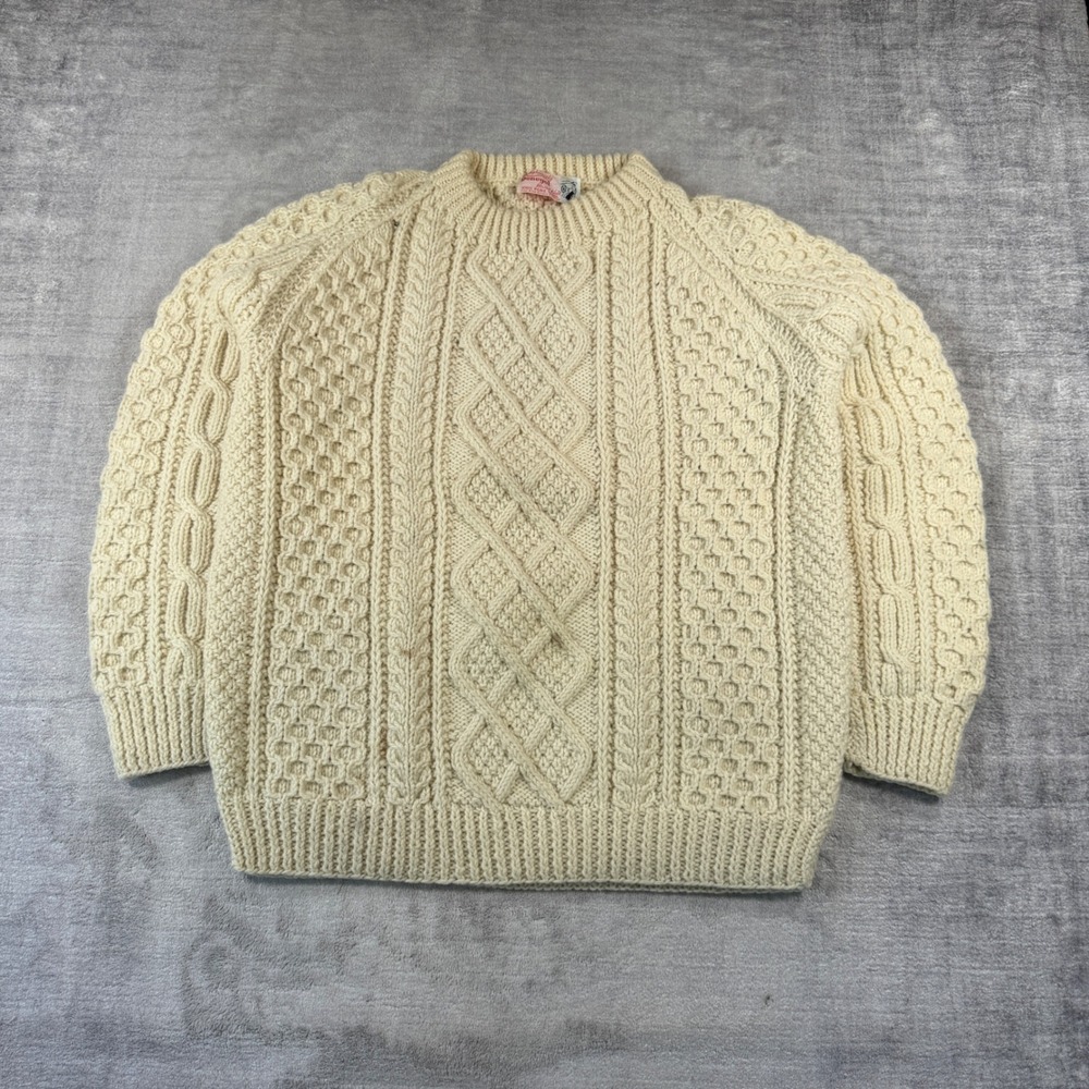 Vtg 1960s Fisherman Sweater Mens Large Cloughaneely Donegal Wool Hand Knit Aran